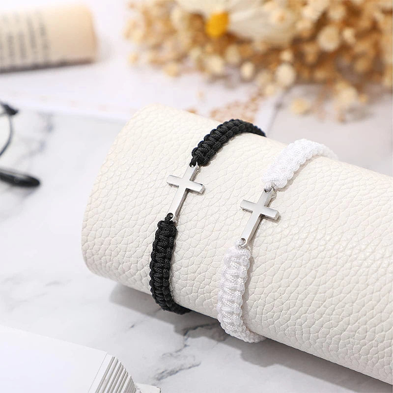 Christian Cross Woven Bracelet Handmade Black White Color Braided Couple Bracelets Friendship Jewelry Gifts